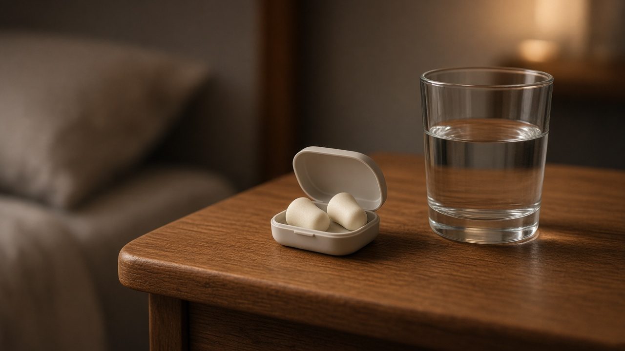 Bouchons d’oreilles posés sur une table de chevet