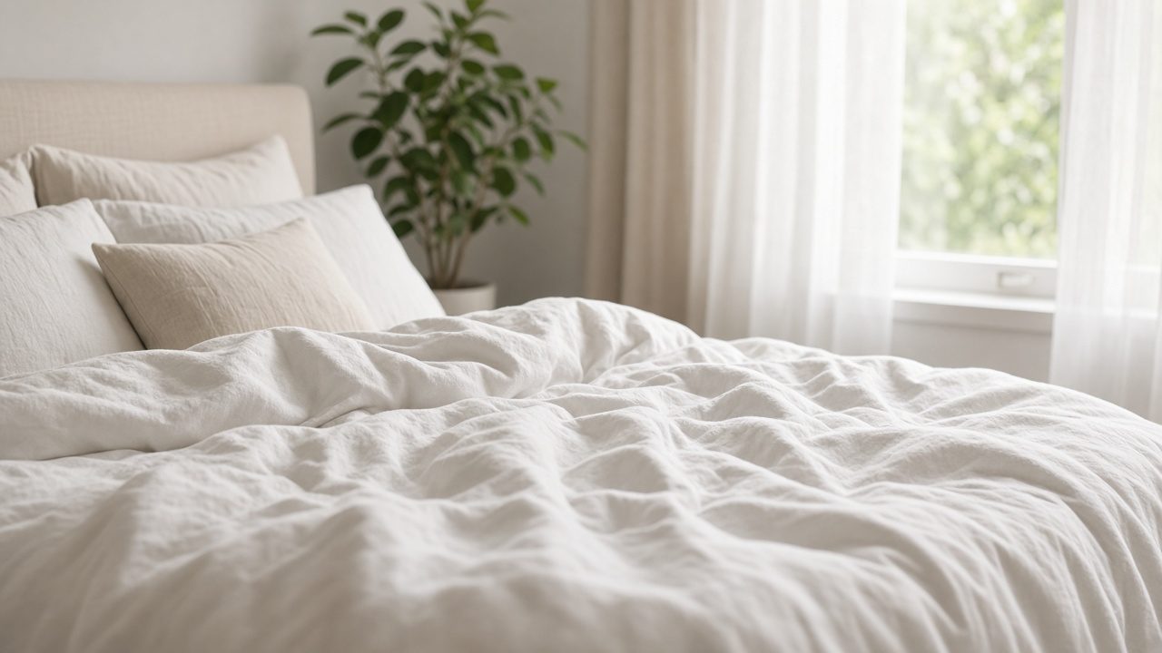 Lit avec couette blanche moelleuse dans une chambre lumineuse