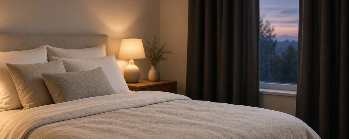 Chambre cosy à la lumière tamisée avec un lit fait