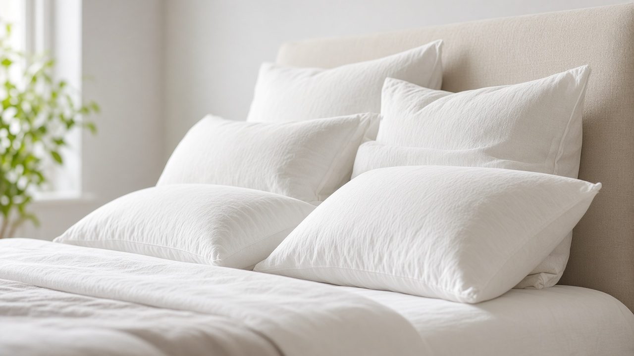 Plusieurs oreillers blancs empilés sur un lit
