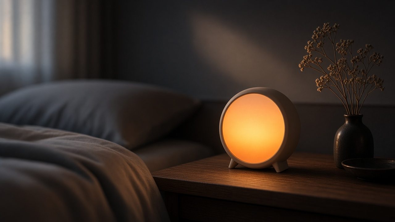 Réveil lumineux allumé sur une table de chevet au petit matin