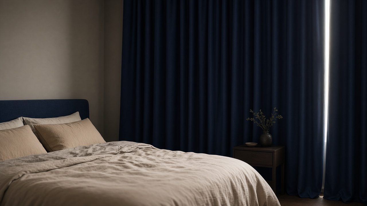 Chambre sombre avec rideaux occultants fermés et filet de lumière