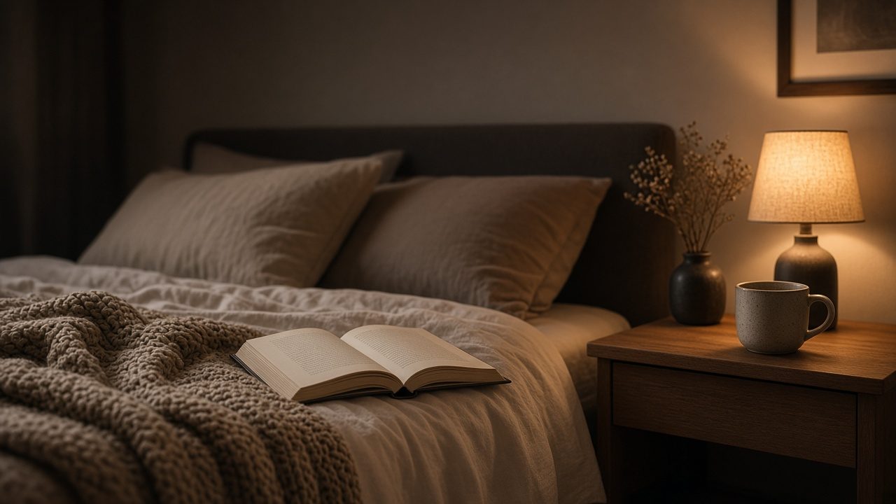 Chambre cosy le soir avec lampe tamisée, livre et plaid