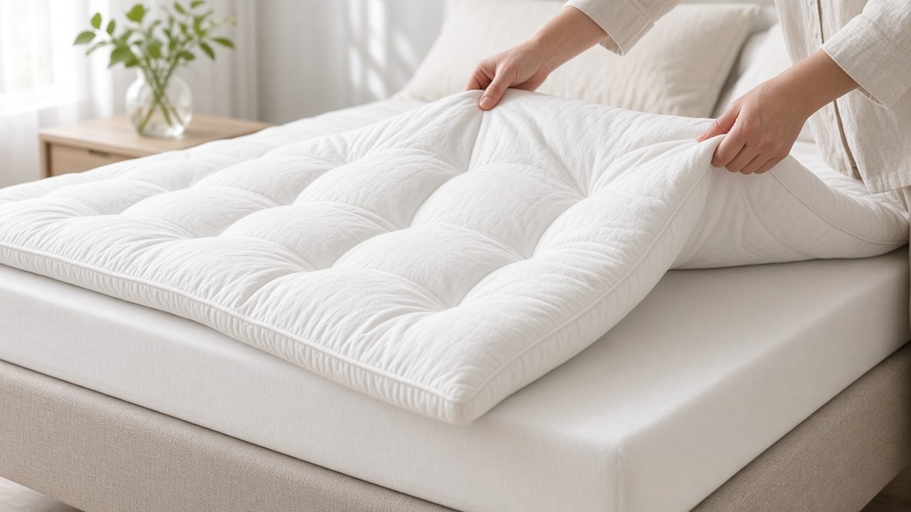 Surmatelas blanc posé sur un matelas dans une chambre claire