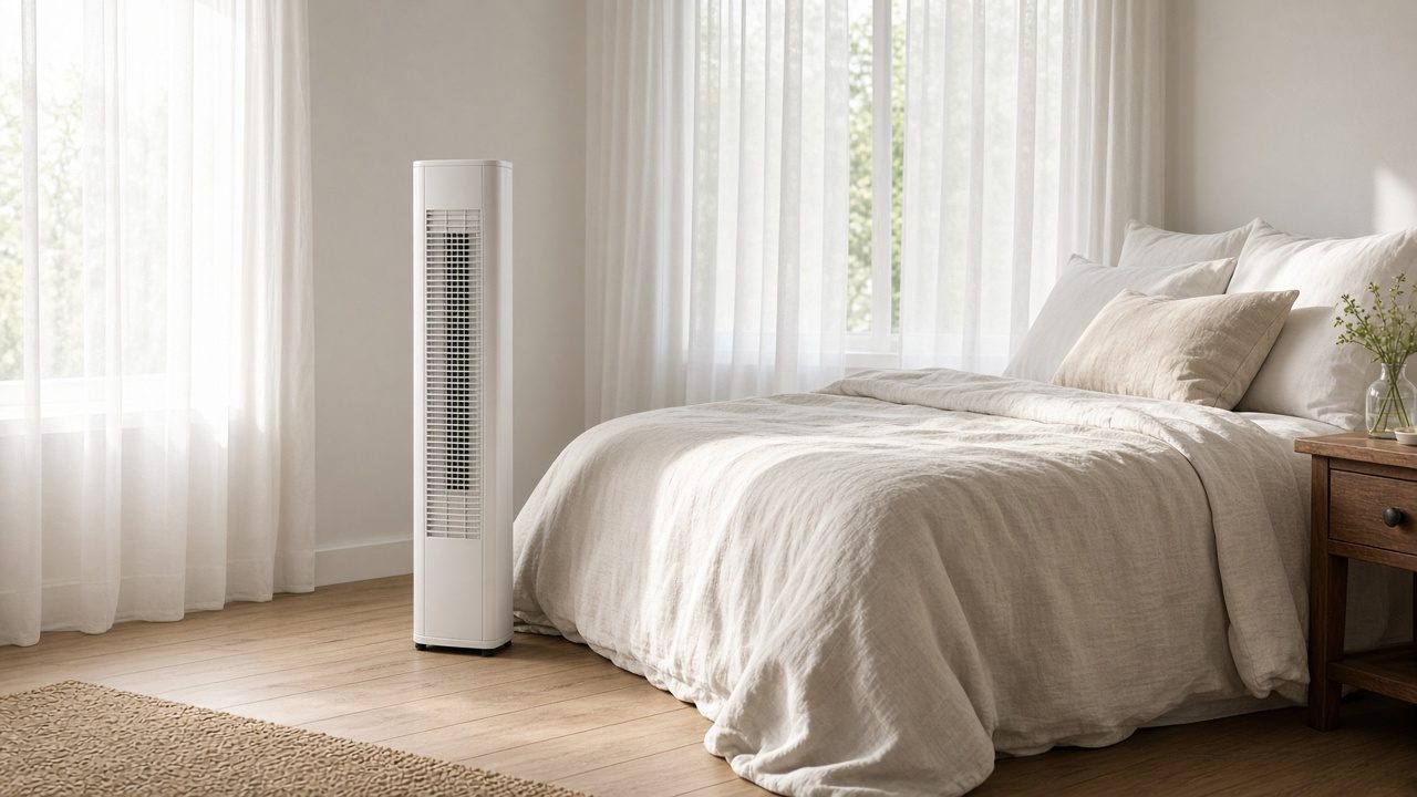 Ventilateur colonne blanc dans une chambre d’été